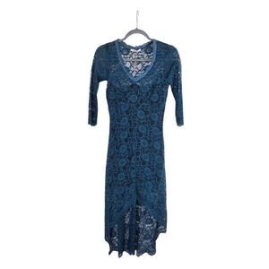Berna Italy Teal Green Blue Floral Lace High Low Hem Midi Dress NWT, Size Small